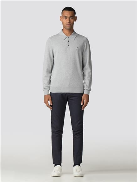 Mid Grey Marl Cotton Long Sleeve Polo