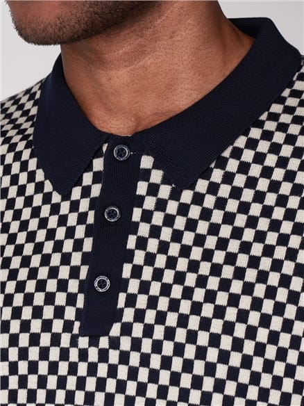 Navy & White Checkerboard Knitted Polo Shirt