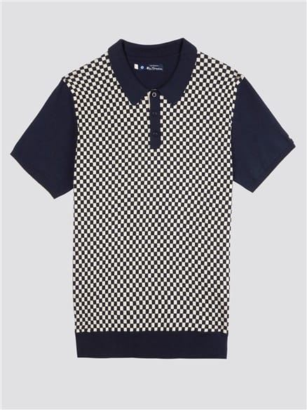 Navy & White Checkerboard Knitted Polo Shirt