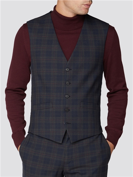 Navy red check waistcoat