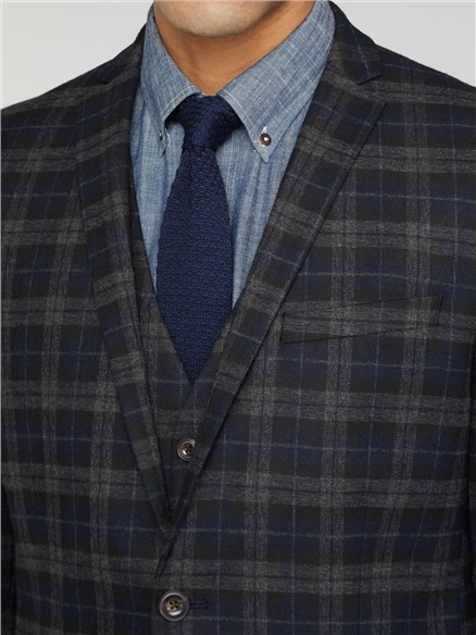 Blue Black Brushed Check Slim Fit Suit Waistcoat