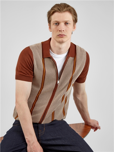 Jacquard Zip Through Polo Shirt - Coffee