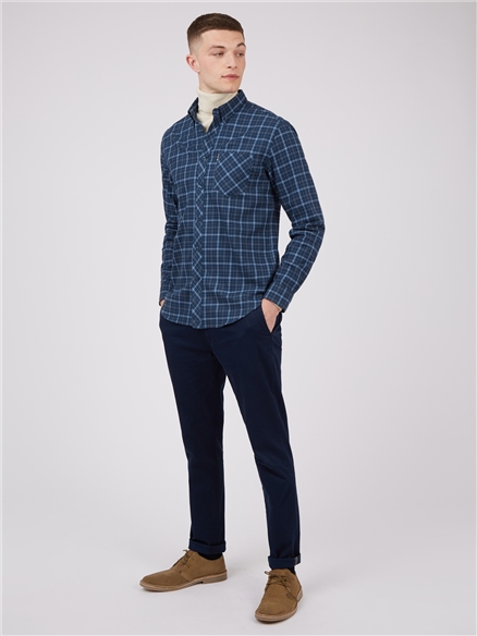 Dark Blue Long Sleeve Twill Checked Shirt