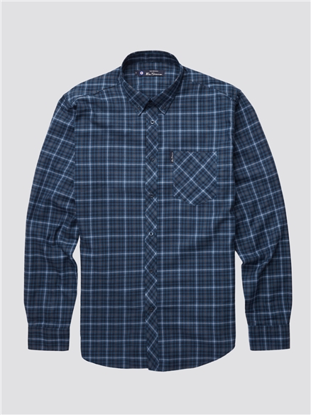 Dark Blue Long Sleeve Twill Checked Shirt