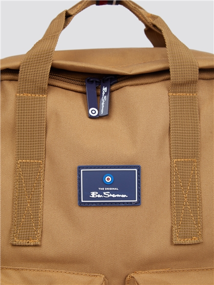 bally tarrot leather backpack Shearling-trimmed leather backpack - tan