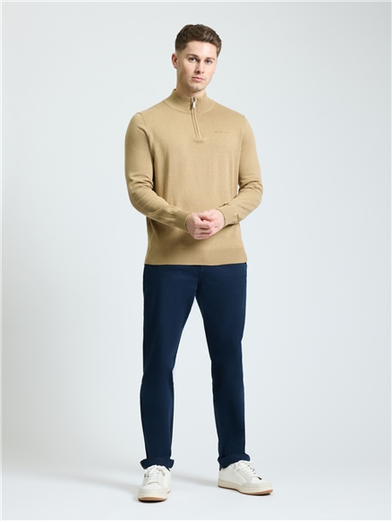 Long  Sleeve 1/4 Zip Funnel Neck Sweater in Sand