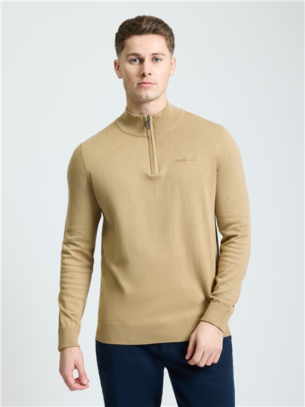 Long  Sleeve 1/4 Zip Funnel Neck Sweater in Sand