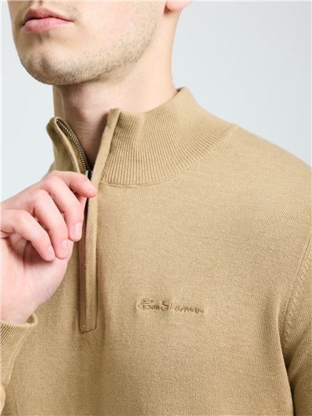 Long  Sleeve 1/4 Zip Funnel Neck Sweater in Sand