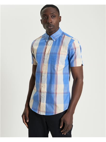 Short Sleeve Multicolour Overcheck Shirt in Kingfisher