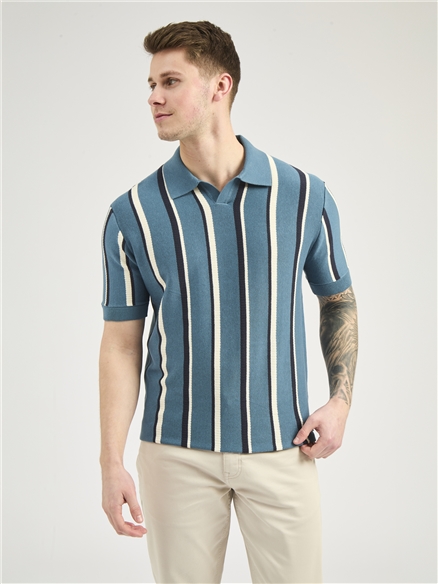 Vertical Striped Open Neck Knitted Polo