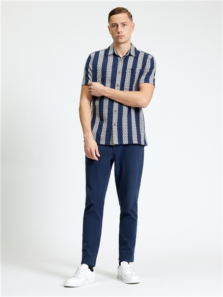 Short Sleeve Block Geo Jacquard Stripe Shirt in Twilight Denim
