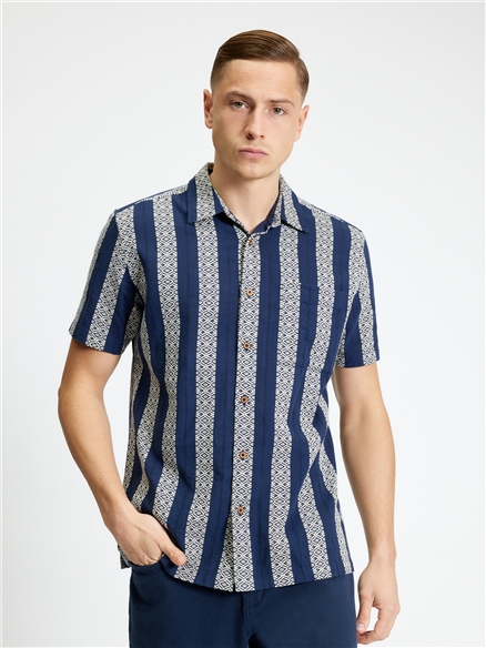 Short Sleeve Block Geo Jacquard Stripe Shirt in Twilight Denim