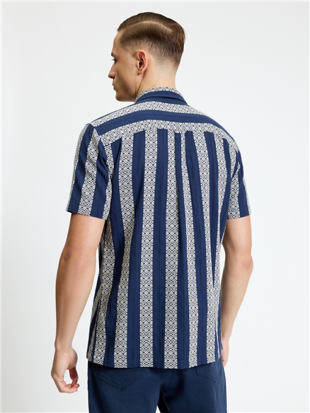 Short Sleeve Block Geo Jacquard Stripe Shirt in Twilight Denim