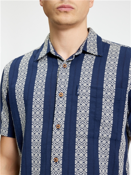 Short Sleeve Block Geo Jacquard Stripe Shirt in Twilight Denim