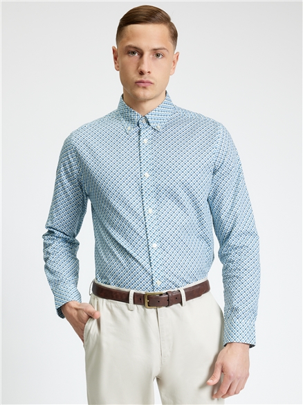 Long Sleeve Split Geo Print Shirt in Powder Blue