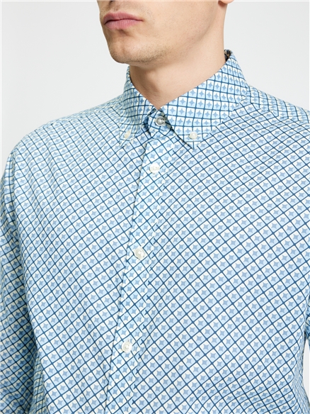 Long Sleeve Split Geo Print Shirt in Powder Blue