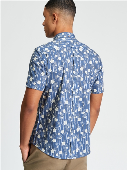Short Sleeve Floral Bamboo Print Shirt in Indigo