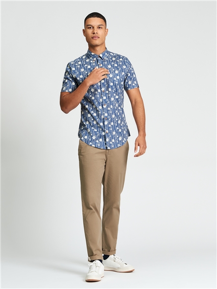 Short Sleeve Floral Bamboo Print Shirt in Indigo