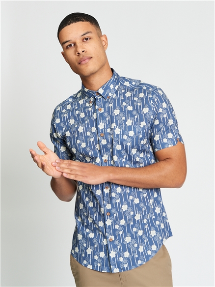 Short Sleeve Floral Bamboo Print Shirt in Indigo