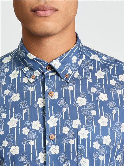 Short Sleeve Floral Bamboo Print Shirt in Indigo