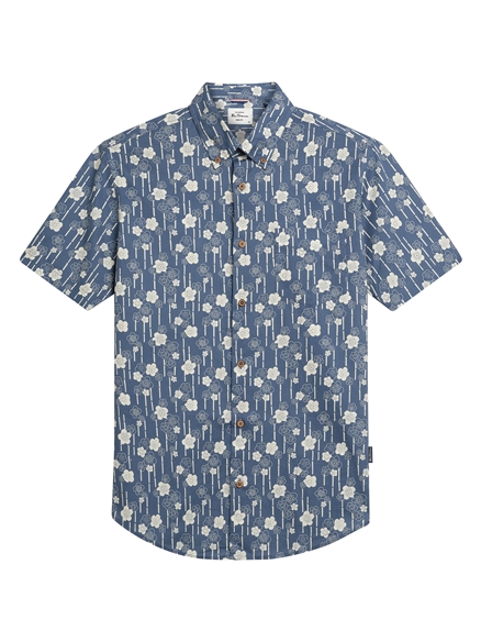 Short Sleeve Floral Bamboo Print Shirt in Indigo