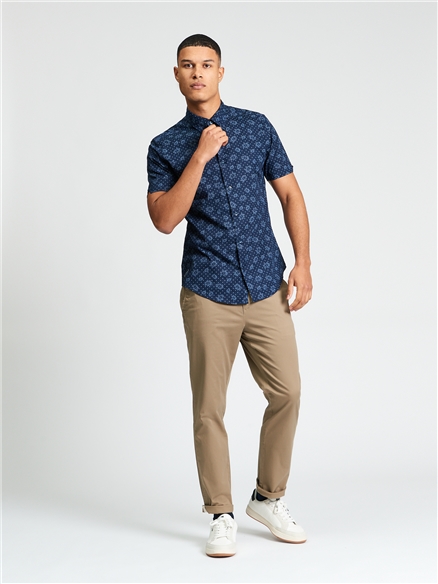 Short Sleeve Floral Geo Print Shirt in Dark Navy