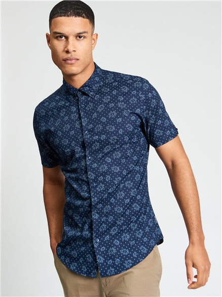 Short Sleeve Floral Geo Print Shirt in Dark Navy