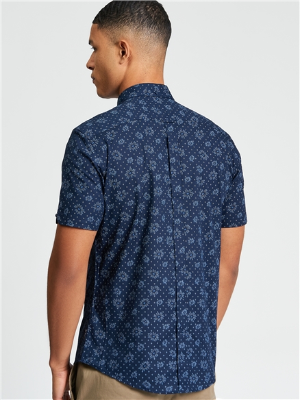 Short Sleeve Floral Geo Print Shirt in Dark Navy