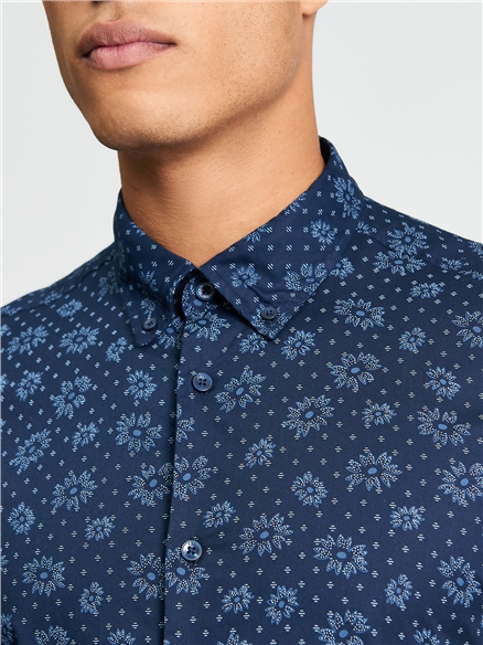 Short Sleeve Floral Geo Print Shirt in Dark Navy