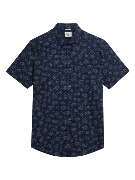 Short Sleeve Floral Geo Print Shirt in Dark Navy