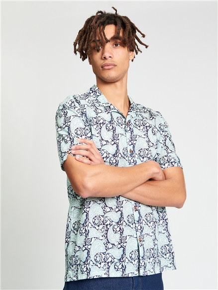 Short Sleeve Block Oxford Stripe Shirt in Turquoise