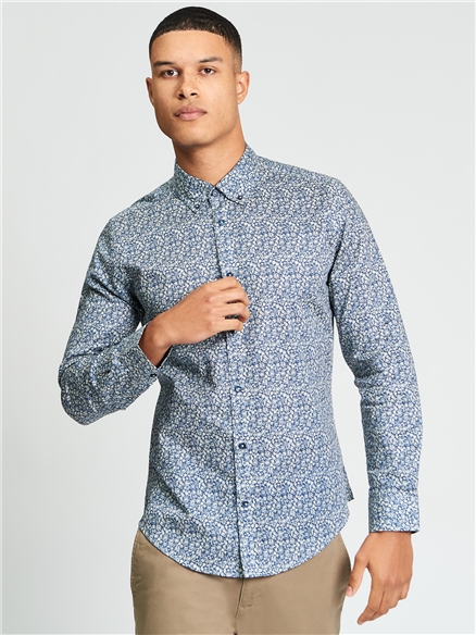 Long Sleeve Floral Print Shirt in Indigo