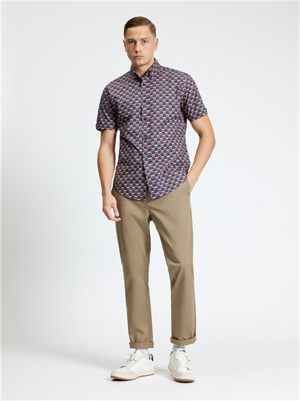 Short Sleeve Retro Geo Print Shirt in Twilight Denim