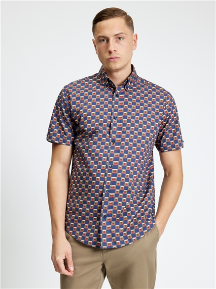 Short Sleeve Retro Geo Print Shirt in Twilight Denim