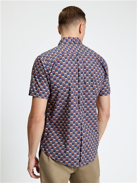 Short Sleeve Retro Geo Print Shirt in Twilight Denim