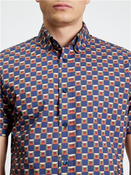 Short Sleeve Retro Geo Print Shirt in Twilight Denim