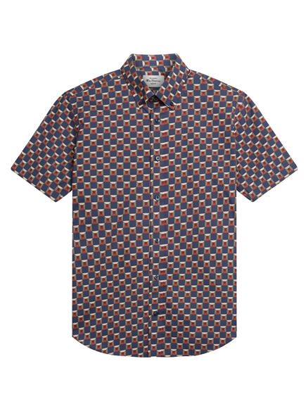 Short Sleeve Retro Geo Print Shirt in Twilight Denim