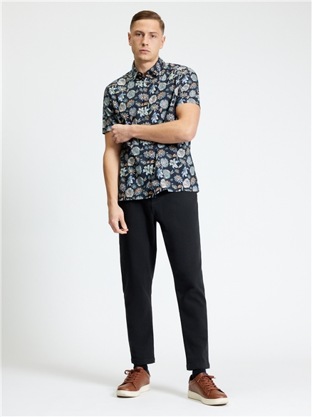 Short Sleeve Watercolour Floral Print Shirt in Black