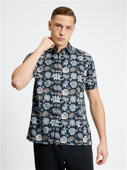 Short Sleeve Watercolour Floral Print Shirt in Black