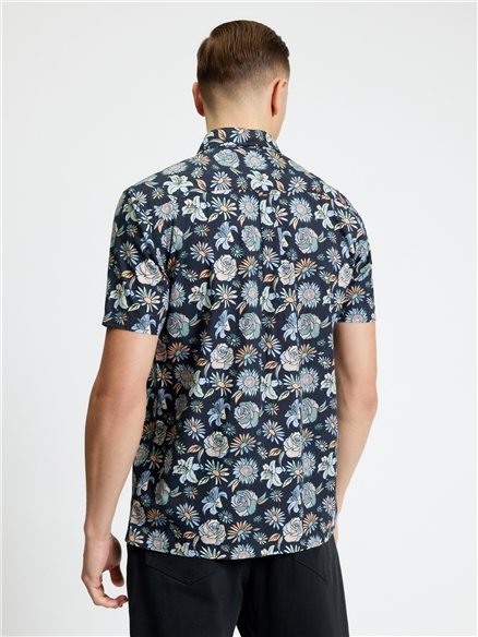 Short Sleeve Watercolour Floral Print Shirt in Black