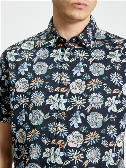Short Sleeve Watercolour Floral Print Shirt in Black