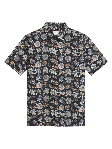 Short Sleeve Watercolour Floral Print Shirt in Black