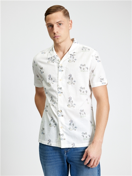 Short Sleeve Festival Camping Print Shirt in Snow White