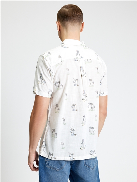 Short Sleeve Festival Camping Print Shirt in Snow White