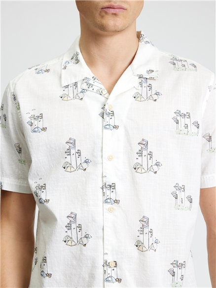 Short Sleeve Festival Camping Print Shirt in Snow White
