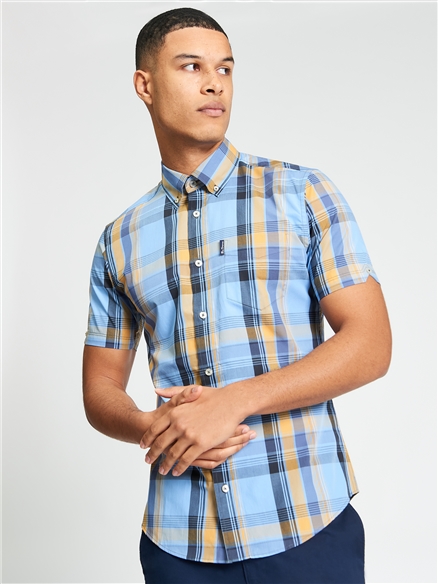Short Sleeve Block Check Shirt in Lake Blue