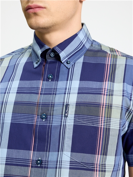 Short Sleeve Block Check Shirt in Twilight Denim