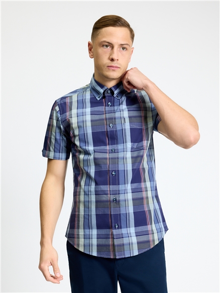 Short Sleeve Block Check Shirt in Twilight Denim
