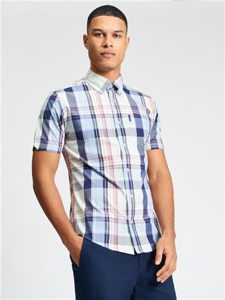 Short Sleeve Oversized Check Shirt in Blue Grey