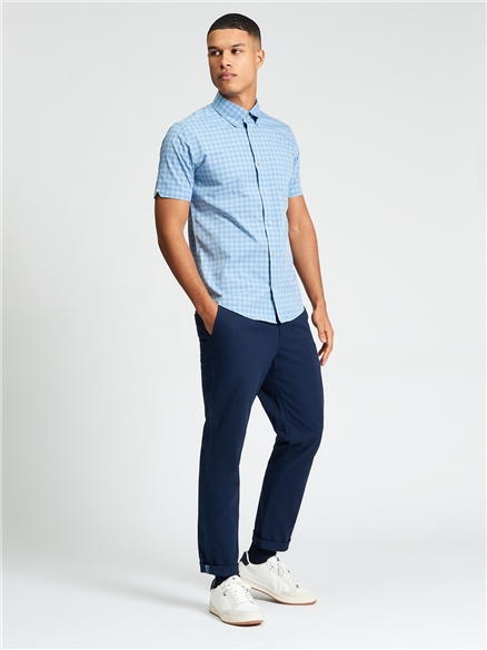 Short Sleeve Linear Gingham Shirt in Lake Blue